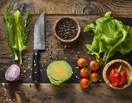 vegetables and spices on the kitchen table, including a bunch of lettuce, bell peppers, tomatoes and peppers. A knife can also be seen between the pepper pot and the tomatoes for cutting and cookingの素材