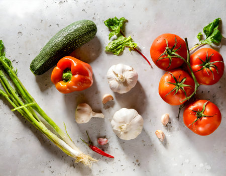 vegetables and spices on the kitchen table, including a bunch of lettuce, bell peppers, tomatoes and peppers. A knife can also be seen between the pepper pot and the tomatoes for cutting and cookingの素材