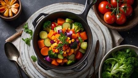 vegetables and spices on the kitchen table, including a bunch of lettuce, bell peppers, tomatoes and peppers. A knife can also be seen between the pepper pot and the tomatoes for cutting and cookingの素材