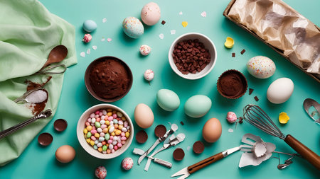 The picture shows pastry tools and ingredients on a green background. There are eggs, chocolate chips, colored candies, flour or cocoa powder and various toolsの素材