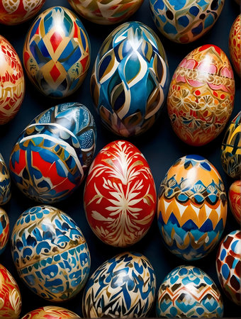 a collection of colorful eggs with different patterns and textures arranged on a dark background. Eggs come in a variety of colors - blue, green, orange, purple, red, pink and brown - and each one has unique patternsの素材
