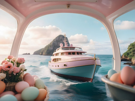 a yacht floating in a calm sea surrounded by palm trees. In the foreground are colorful Easter eggs and bright flowers that add a festive mood to the landscapeの素材