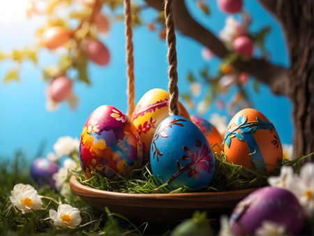 colorful Easter eggs hanging on a tree and lying in the grass. The image was created at sunrise. The tree is decorated with red ribbons and yellow flowers. The background is softly blurredの素材