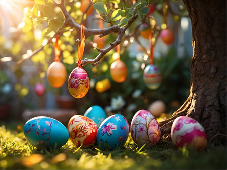 colorful Easter eggs hanging on a tree and lying in the grass. The image was created at sunrise. The tree is decorated with red ribbons and yellow flowers. The background is softly blurredの素材
