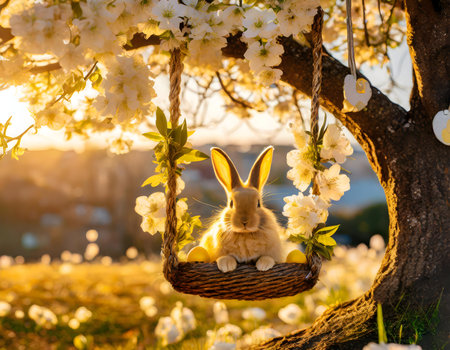 Immerse yourself in the magic of spring with this captivating image capturing the essence of Easter. Vibrantly colored Easter eggs, adorned in the spirit of the season, rest delicately in a nest perched upon the branches of a flourishing garden tree. Each egg boasts a unique pattern and hue, a celebration of the joyous occasion. The tree, dressed in blossoms, creates a picturesque backdrop, as nature embraces the renewal and vitality of spring. The interplay of the intricately decorated eggs against the lush greenery and blooming flowers creates a scene of whimsy and delight. This enchanting composition invites viewers to revel in the beauty of nature's awakening and the festive cheer of Easter. A perfect embodiment of the season's joy, the image radiates a sense of renewal and hope, making it a delightful visual celebration of Easter's timeless charm.の素材