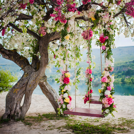 swing decorated with flowers plant in a blooming tree decorated with flowersの素材