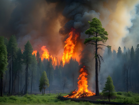 As a result of global warming, nature dries up and forests burn. Burning trees and grass in the forestの素材