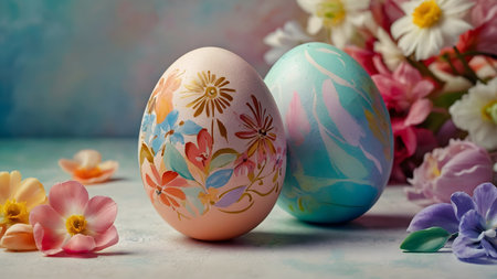 Eggs painted for Easter arranged in a composition on a watercolor background in pastel colorsの素材