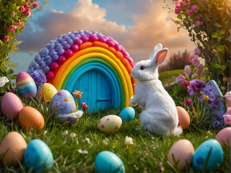 Easter scene in nature with a bunny and painted eggs, the sky with a rainbow and blooming trees in the background, green grassの素材
