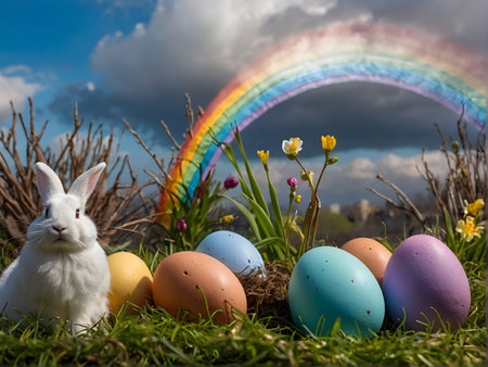 Easter scene in nature with a bunny and painted eggs, the sky with a rainbow and blooming trees in the background, green grassの素材