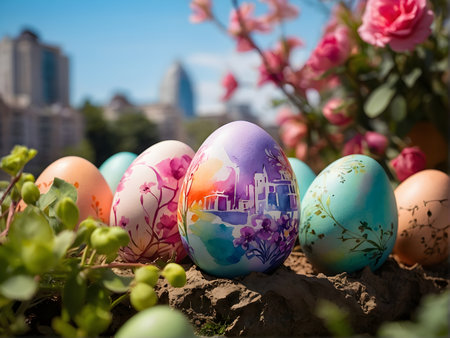 For Easter, brightly painted eggs with a pattern in the garden on the background of the cityの素材