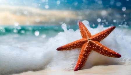 the main focus is on a large, detailed starfish partially submerged in the clear, shallow waters off the coast. the water is crystal clear and turquoise in color, indicating the tropical location. in the background several palm trees are seen swaying slightly to indicate a gentle breeze. the sky is partly cloudy with large fluffy clouds; however, it is generally bright and sunny, creating the perfect atmosphere. the sand on the beach appears flawless and white, which contrasts beautifully with the blue of the oceanの素材