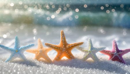 in the foreground are purple, yellow, white, orange, pale yellow, red, blue starfish of various colors. they are partially submerged in foamy seawater that has washed ashore. in the background, waves crash and a golden sunset lights the horizon. the sky is clear with a warm gradient of colors reflected in the wet sand and waterの素材