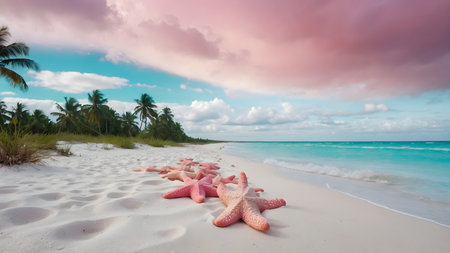 in the foreground are purple, yellow, white, orange, pale yellow, red, blue starfish of various colors. they are partially submerged in foamy seawater that has washed ashore. in the background, waves crash and a golden sunset lights the horizon. the sky is clear with a warm gradient of colors reflected in the wet sand and waterの素材