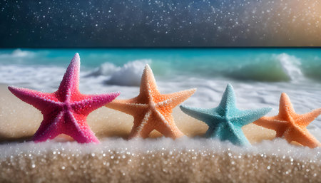in the foreground are purple, yellow, white, orange, pale yellow, red, blue starfish of various colors. they are partially submerged in foamy seawater that has washed ashore. in the background, waves crash and a golden sunset lights the horizon. the sky is clear with a warm gradient of colors reflected in the wet sand and waterの素材