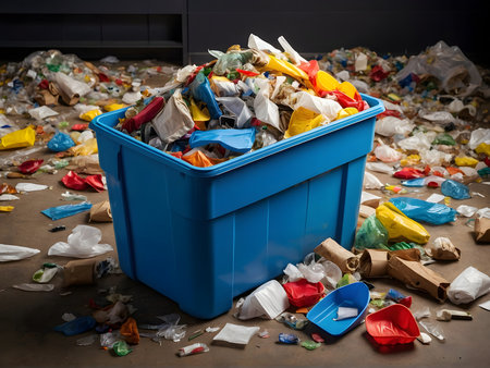 large amounts of plastic, food and glass waste, including bottles and containers, scattered chaotically. Various colored plastics are seen, including white, blue, red and green. Garbage is in a sorting facility that is not clearly visible, Garbage is mixed together. The overall landscape gives the impression of pollution and environmental neglectの素材