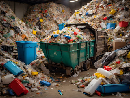 large amounts of plastic, food and glass waste, including bottles and containers, scattered chaotically. Various colored plastics are seen, including white, blue, red and green. Garbage is in a sorting facility that is not clearly visible, Garbage is mixed together. The overall landscape gives the impression of pollution and environmental neglectの素材