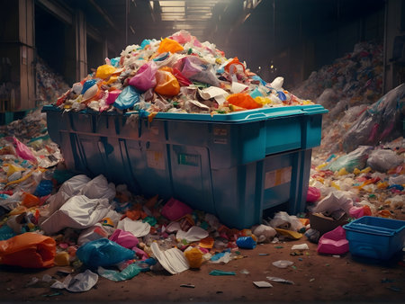 large amounts of plastic, food and glass waste, including bottles and containers, scattered chaotically. Various colored plastics are seen, including white, blue, red and green. Garbage is in a sorting facility that is not clearly visible, Garbage is mixed together. The overall landscape gives the impression of pollution and environmental neglectの素材
