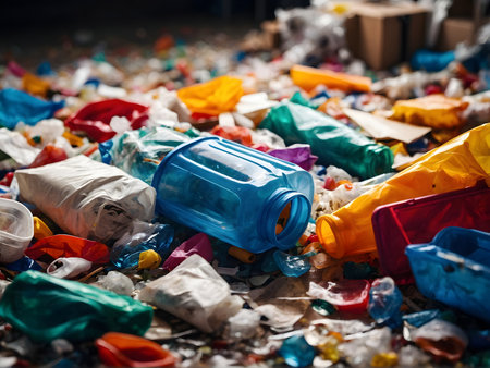 large amounts of plastic, food and glass waste, including bottles and containers, scattered chaotically. Various colored plastics are seen, including white, blue, red and green. Garbage is in a sorting facility that is not clearly visible, Garbage is mixed together. The overall landscape gives the impression of pollution and environmental neglectの素材