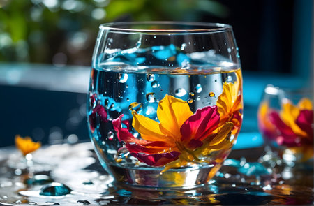 clear water in a glass with a flower on a blurred background placed in the water near a waterfall, with splashes of waterの素材