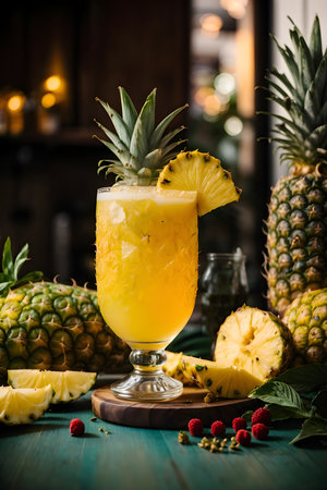 Yellow-colored mocktail with pineapple and mint, decorated with raspberry berries. A tropical feel on a wooden surface with sliced pineapple and lime ice cubesの素材
