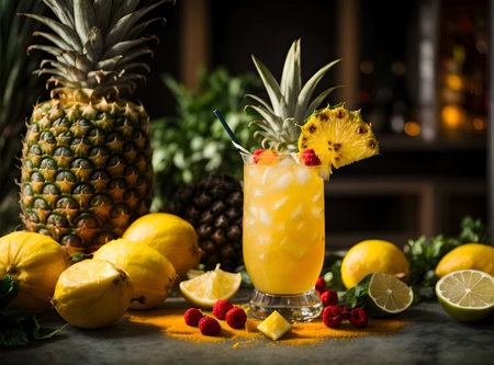 Yellow-colored mocktail with pineapple and mint, decorated with raspberry berries. A tropical feel on a wooden surface with sliced pineapple and lime ice cubesの素材