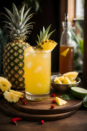 Yellow-colored mocktail with pineapple and mint, decorated with raspberry berries. A tropical feel on a wooden surface with sliced pineapple and lime ice cubesの素材