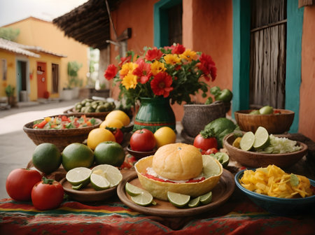 cinco de mayo, A traditional sombrero rests on a tableware filled with vibrant green limes, ready to be used as a refreshing ingredient in a delicious recipeの素材