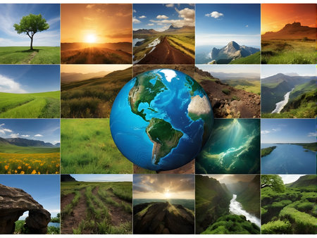 A globe adorned with trees sits at the center of a picturesque natural landscape, surrounded by water resources, under a vibrant sky and illuminated by sunlightの素材