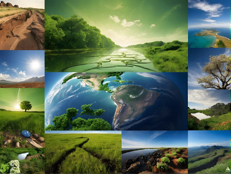 A globe adorned with trees sits at the center of a picturesque natural landscape, surrounded by water resources, under a vibrant sky and illuminated by sunlightの素材
