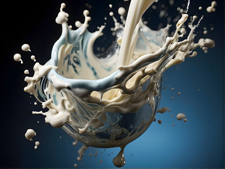 An exciting and dynamic closeup shot of creamy milk dramatically splashing in a glass, paired with delectable cookiesの素材