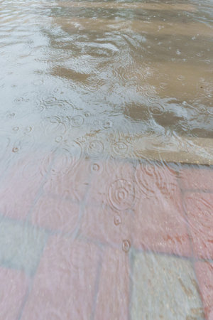 a large puddle of water in a city during a flood, a sidewalk and a dumpster under water, reflecting...