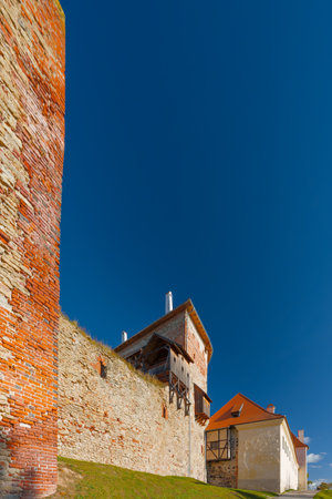 A wide-angle landscape of the ruins of the Bauska Castle fortress situated on a steep, well-maintained green hill with a clear blue sky background, featuring remnants of autumn foliage.の写真素材