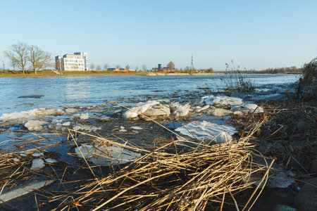 Melting Ice Patches Beside Riverside Structures With Reeds In View