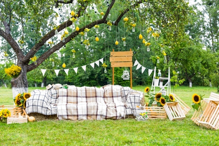 Wedding decorations on the tree peer yellow greenの写真素材
