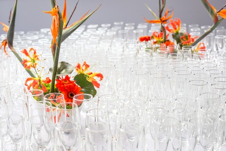 Buffet decorations flowers corporate design decoration white tableの写真素材