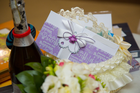 Wedding gifts, champagne, Bridal bouquet Proleteli envelopeの写真素材