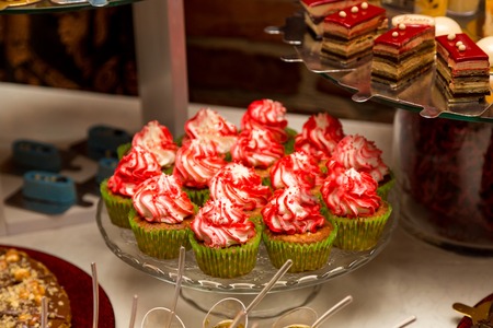 Beautifully decorated banquet catering with candy barの写真素材