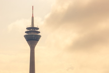 DUSSELDORF. GERMANY -08 07 2017. View to the Rhine river and Rheinturm TV Tower from Media Harborのeditorial素材