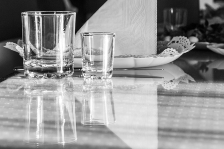 Banquet table there are empty glasses for brandyの写真素材