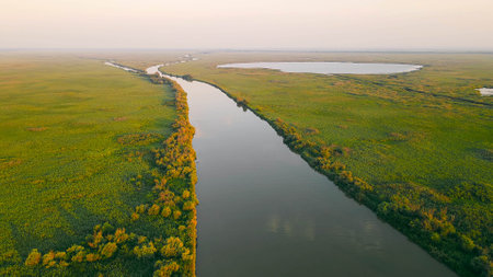 Flight over the reserve of untouched nature by people. Wide riveの写真素材