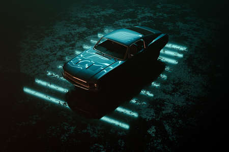 American muscle car in neon commercial photo setupの写真素材