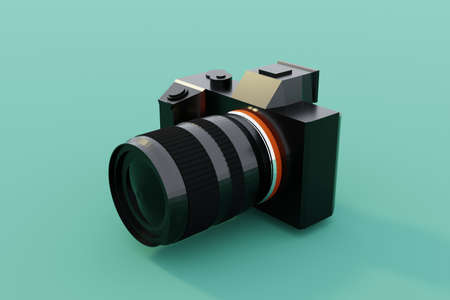 Lowpoly camera on a blue turquoise studio backdropの写真素材