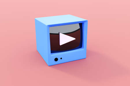 Blue monitor with a play icon on it on a pink backgroundの写真素材