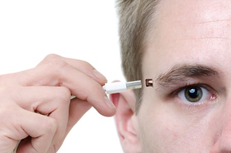 A young men with a usb connection on his head