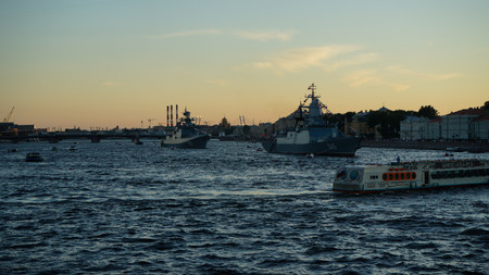 River Neva. Saint-Petersburg. Russian Federation. July 2017. Russian battleships are moored. Navy day.のeditorial素材