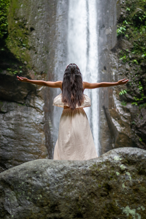Pocahontas praying to the waterfalls Casaroro falls, Negros Oriental, Philippinesの写真素材