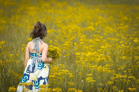 Beautiful young girl in a dress picking flowers in a field on a sunny day 2の写真素材