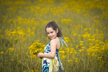 Beautiful young girl in a dress picking flowers in a field on a sunny dayの写真素材