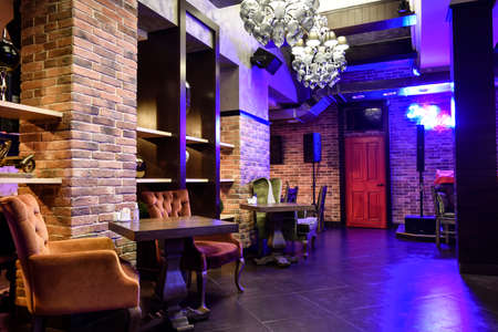 Restaurant cafe bar interior, beautiful chairs, purple and blue colorの写真素材